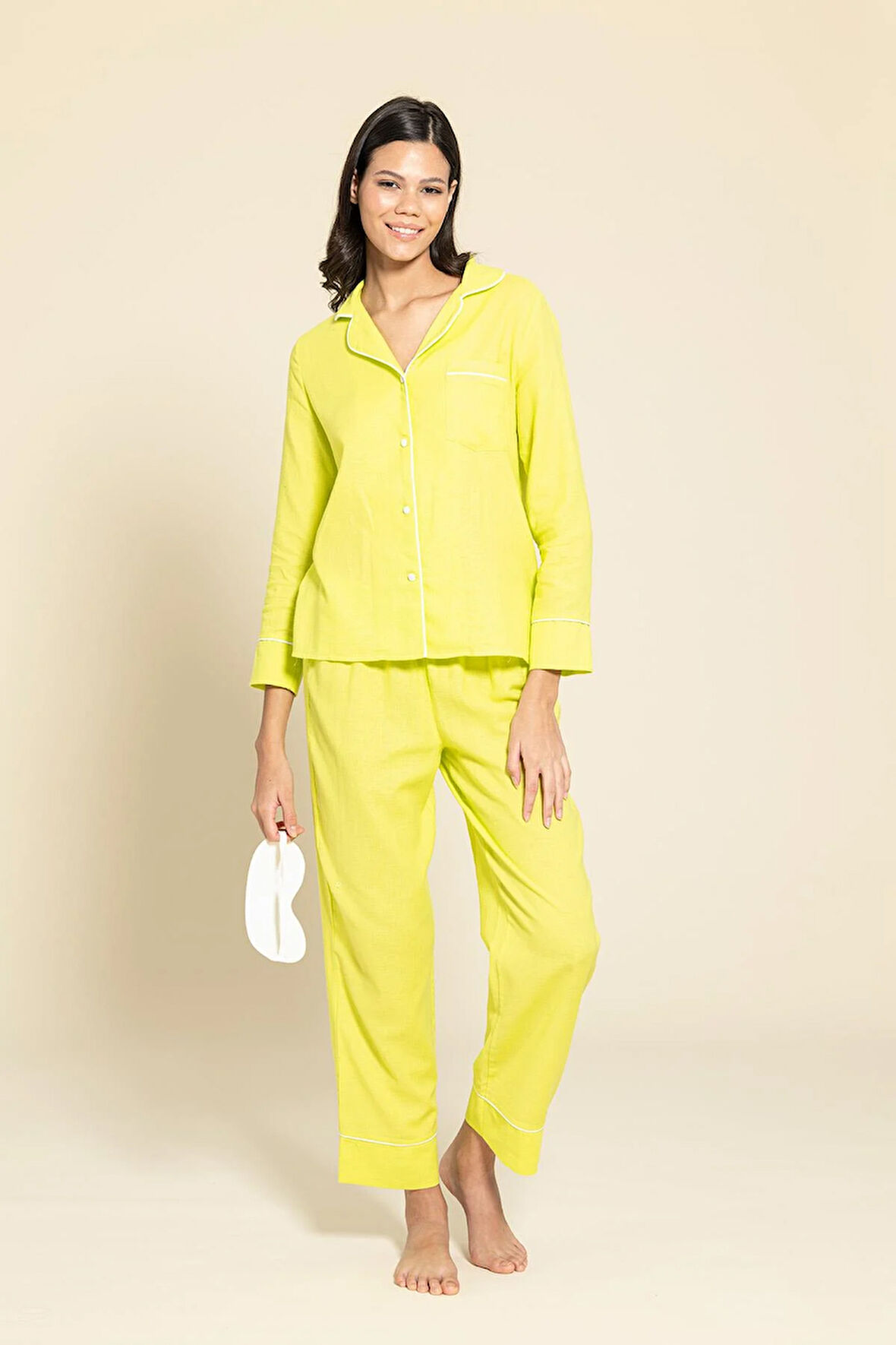 3'lü Organik Beyaz Biyeli Sarı Pijama Takımı