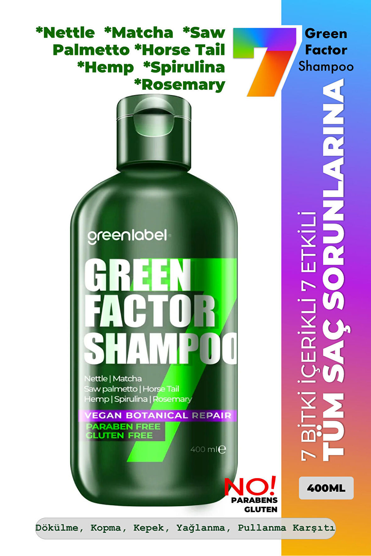 Green Factor 7 Bitkili Vegan Parabensiz Glutensiz Onarıcı Ve Yoğun Bakım Şampuanı 400ml.