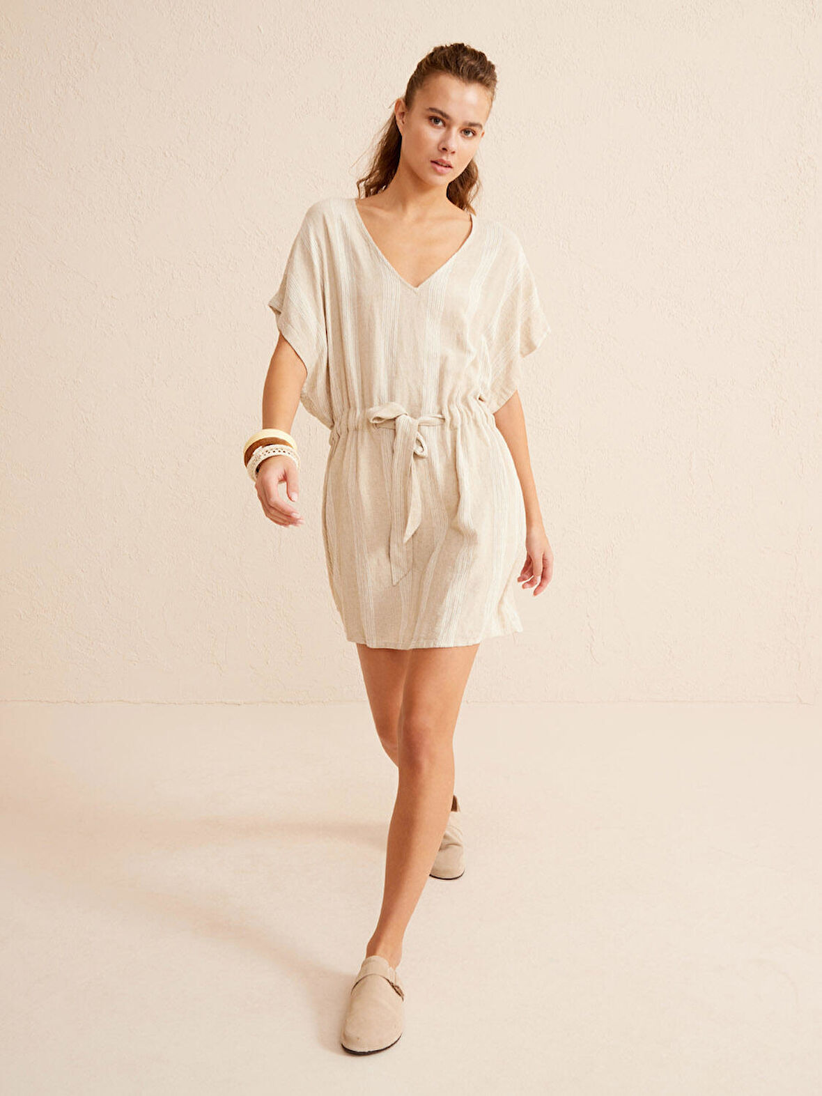 Bej Regular Fit Keten Elbise