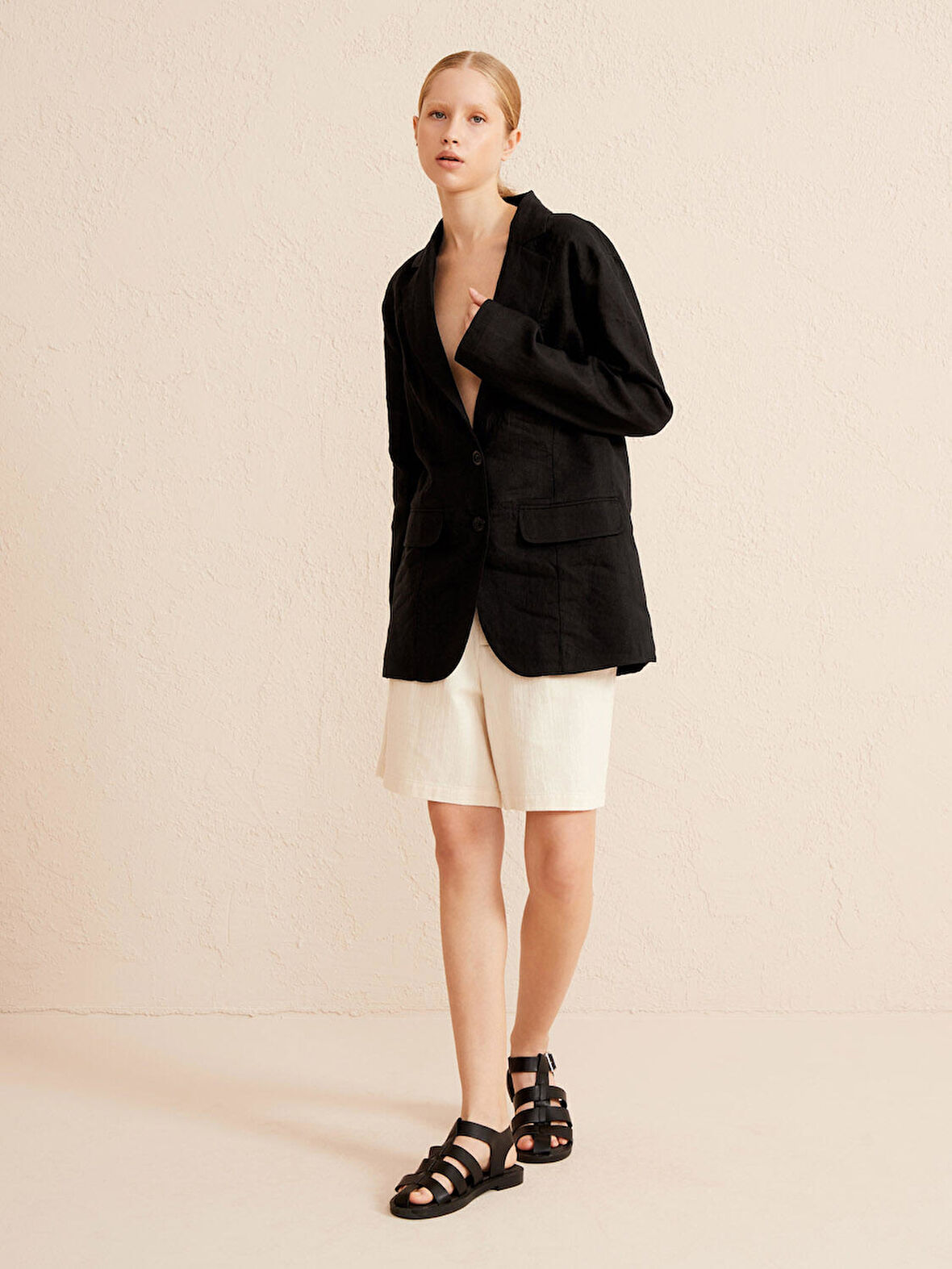 Siyah Regular Fit Keten Ceket