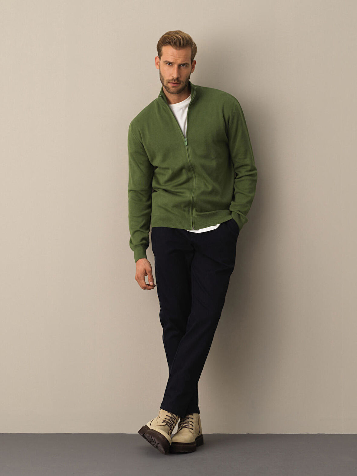 Xint Yeşil Fermuarlı Basic Hırka