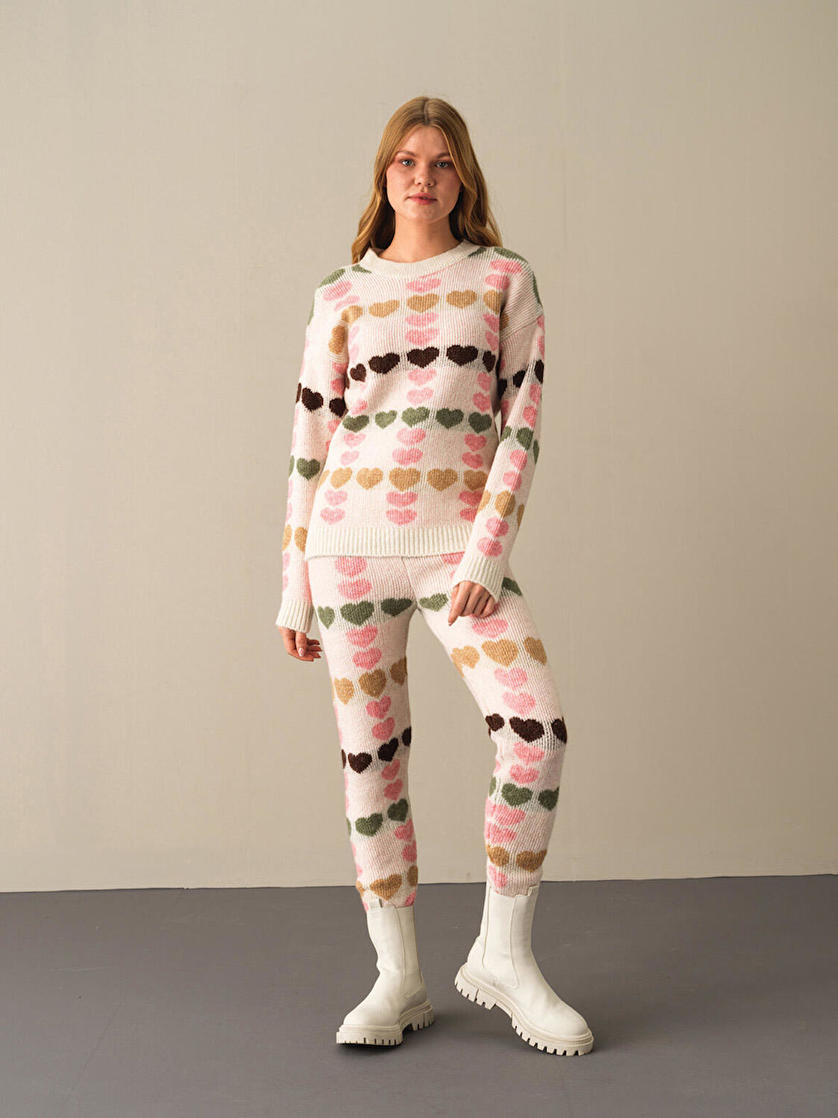 Xint Ekru Oversize Desenli Kazak