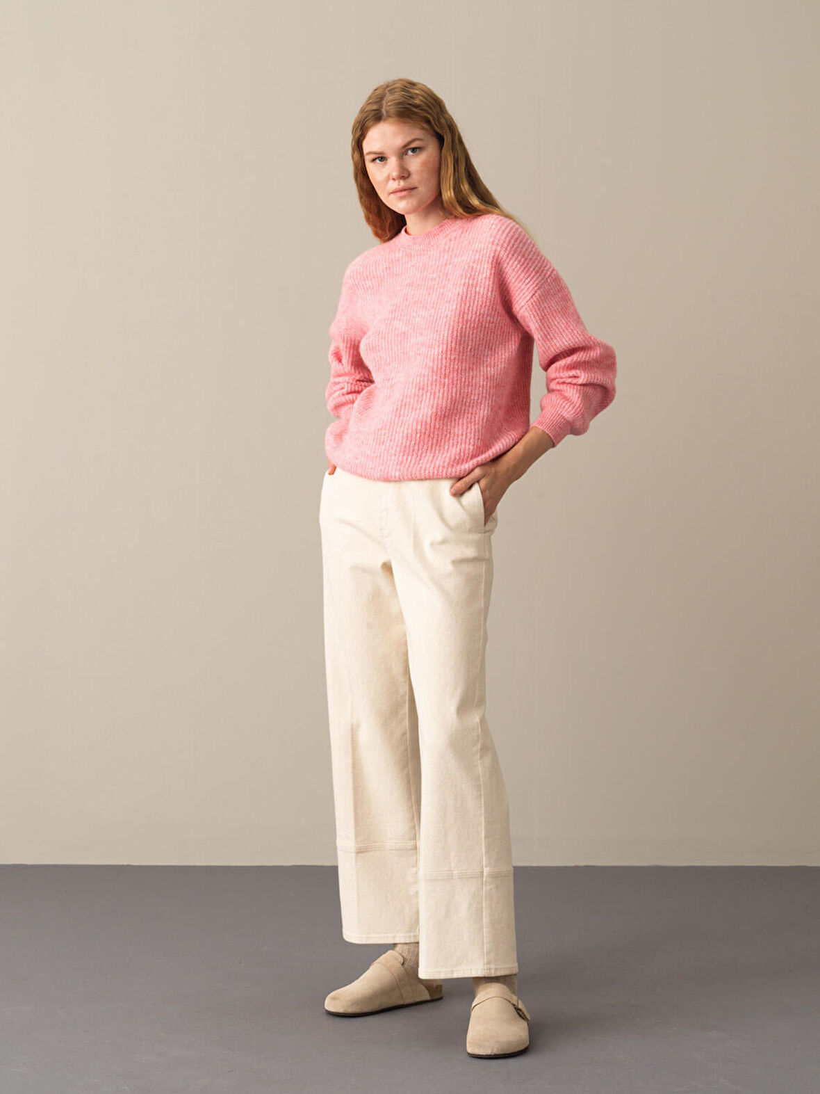 Xint Pembe Bisiklet Yaka Oversize Kazak