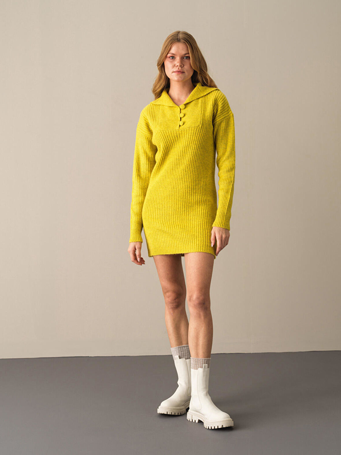 Xint Sarı Regular Fit Triko Mini Elbise