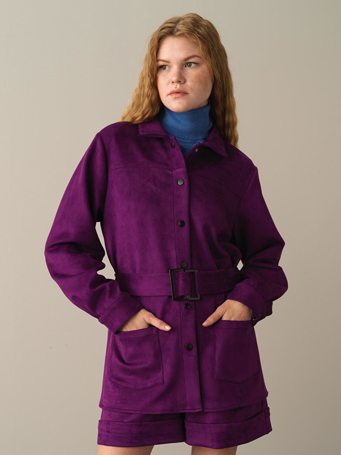 Xint Mor Süet Görünümlü Gömlek Ceket