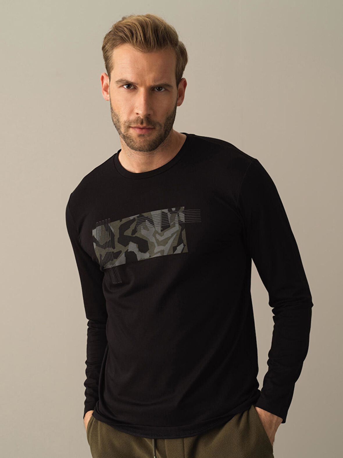 Xint Siyah Slim Fit Baskılı Modal Tişört