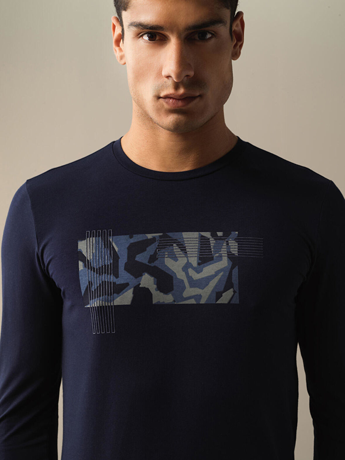 Xint Lacivert Slim Fit Baskılı Modal Tişört