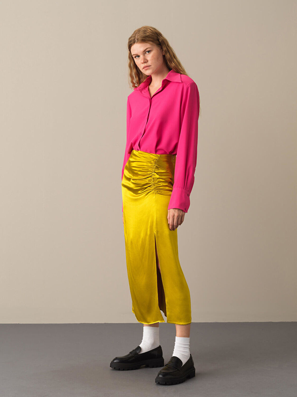 Xint Sarı Regular Fit Saten Etek