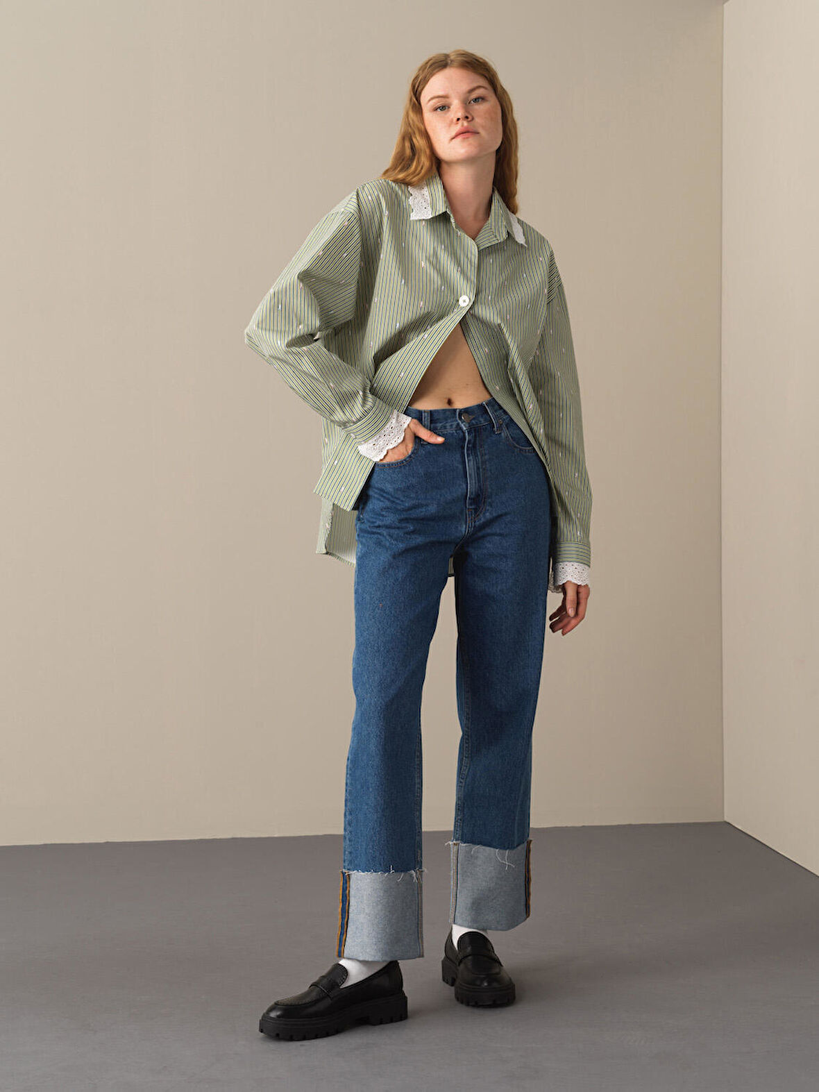 Xint Yeşil Oversize Çizgili Gömlek