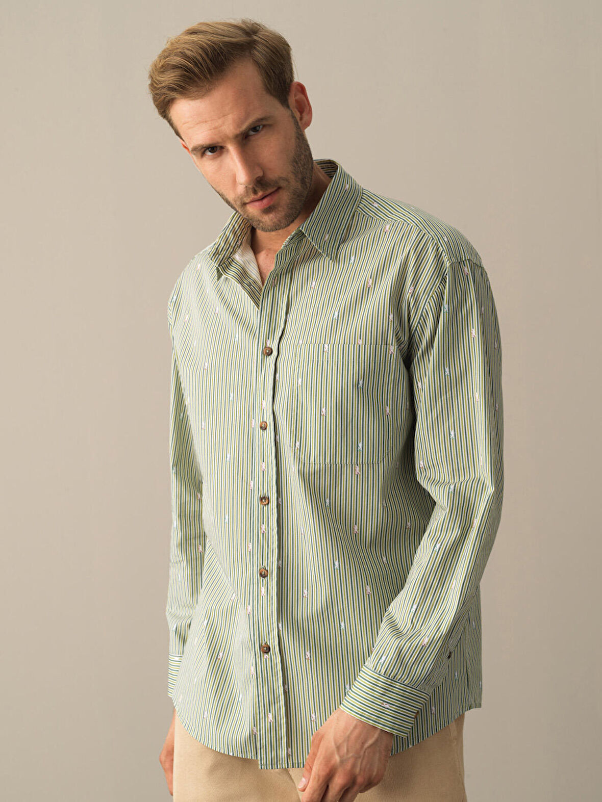 Xint Yeşil Oversize Çizgili Gömlek