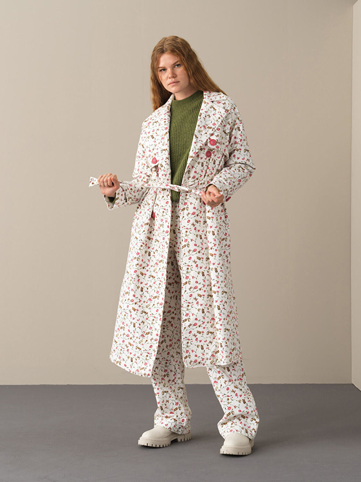 Xint Pembe Pamuk Dokulu Pamuklu Oversize Trençkot