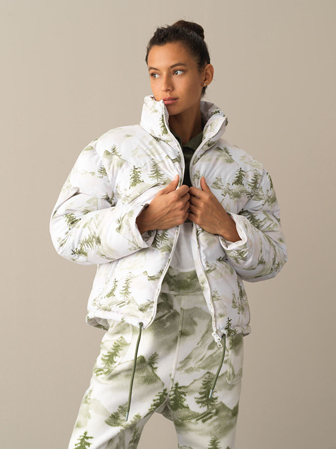 Xint Yeşil Pamuk Dokulu Oversize Desenli Şişme