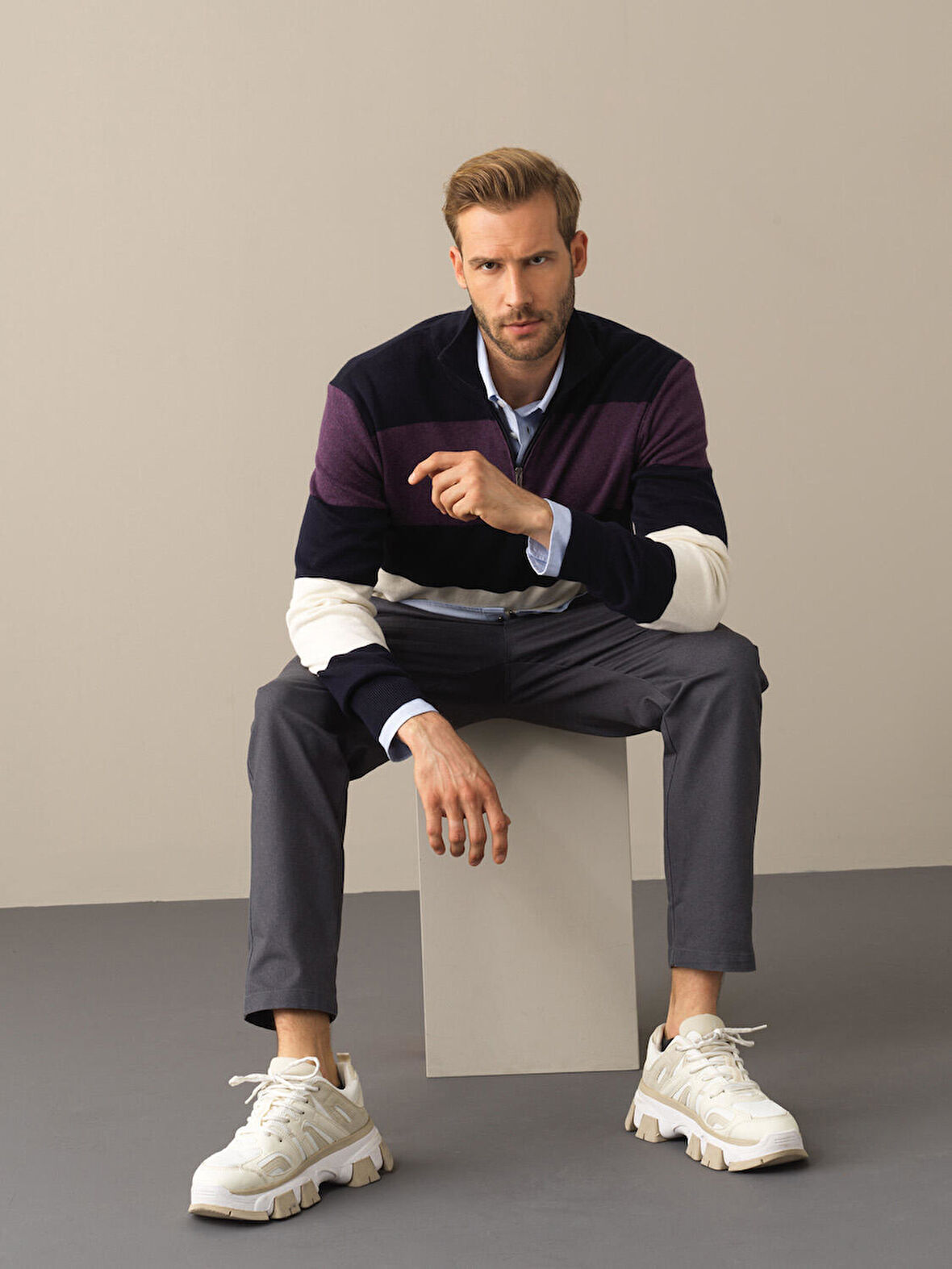 Xint Lacivert Regular Fit Çizgili Kazak