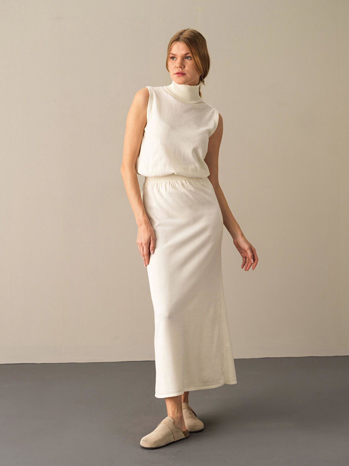 Xint Ekru Regular Fit Triko Uzun Etek