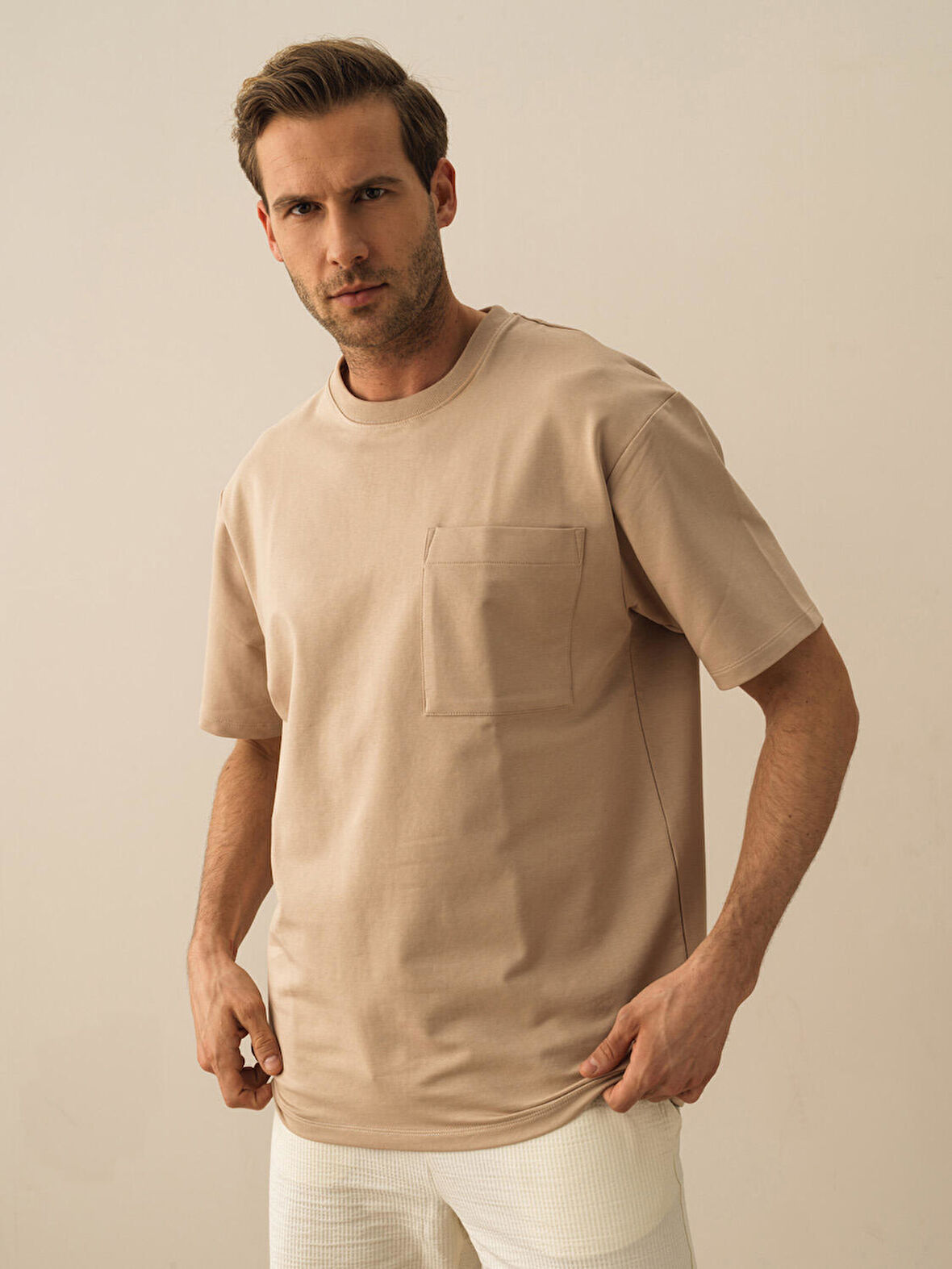 Taş Rengi Oversize Pamuklu Tişört