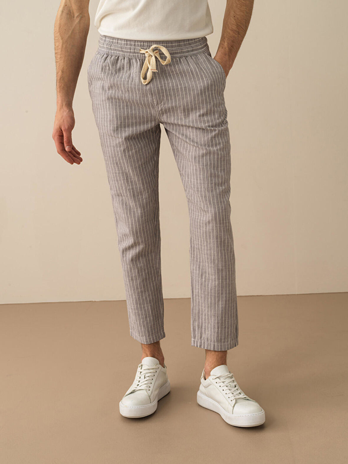 Gri Regular Fit Keten Pantolon