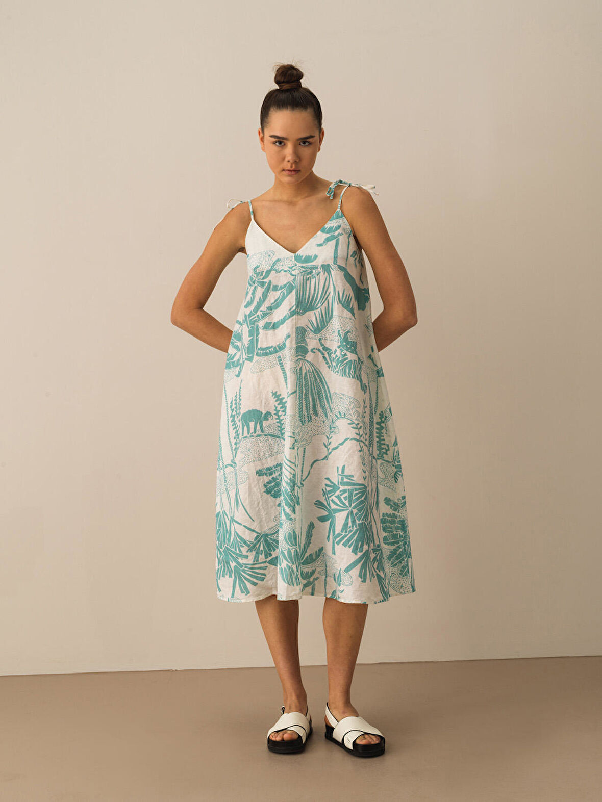 Turkuaz Regular Fit Keten Elbise