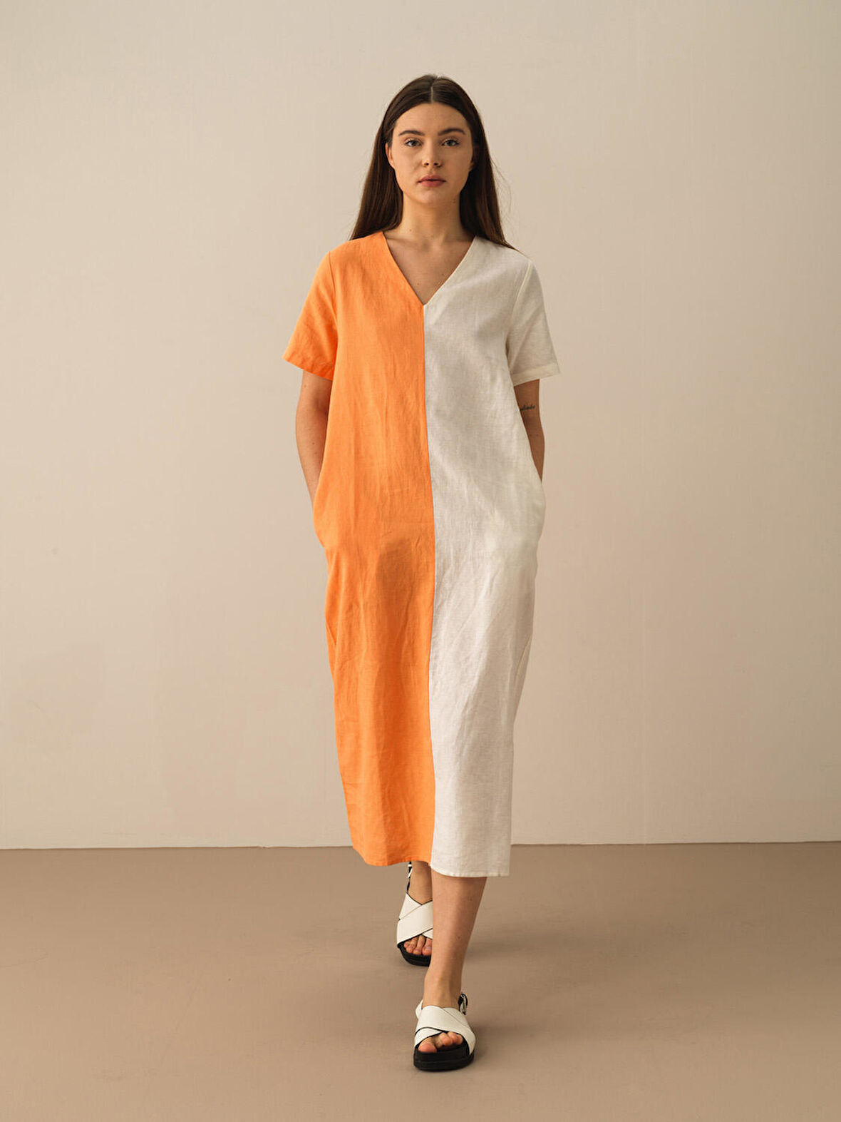 Turuncu Regular Fit Keten Elbise