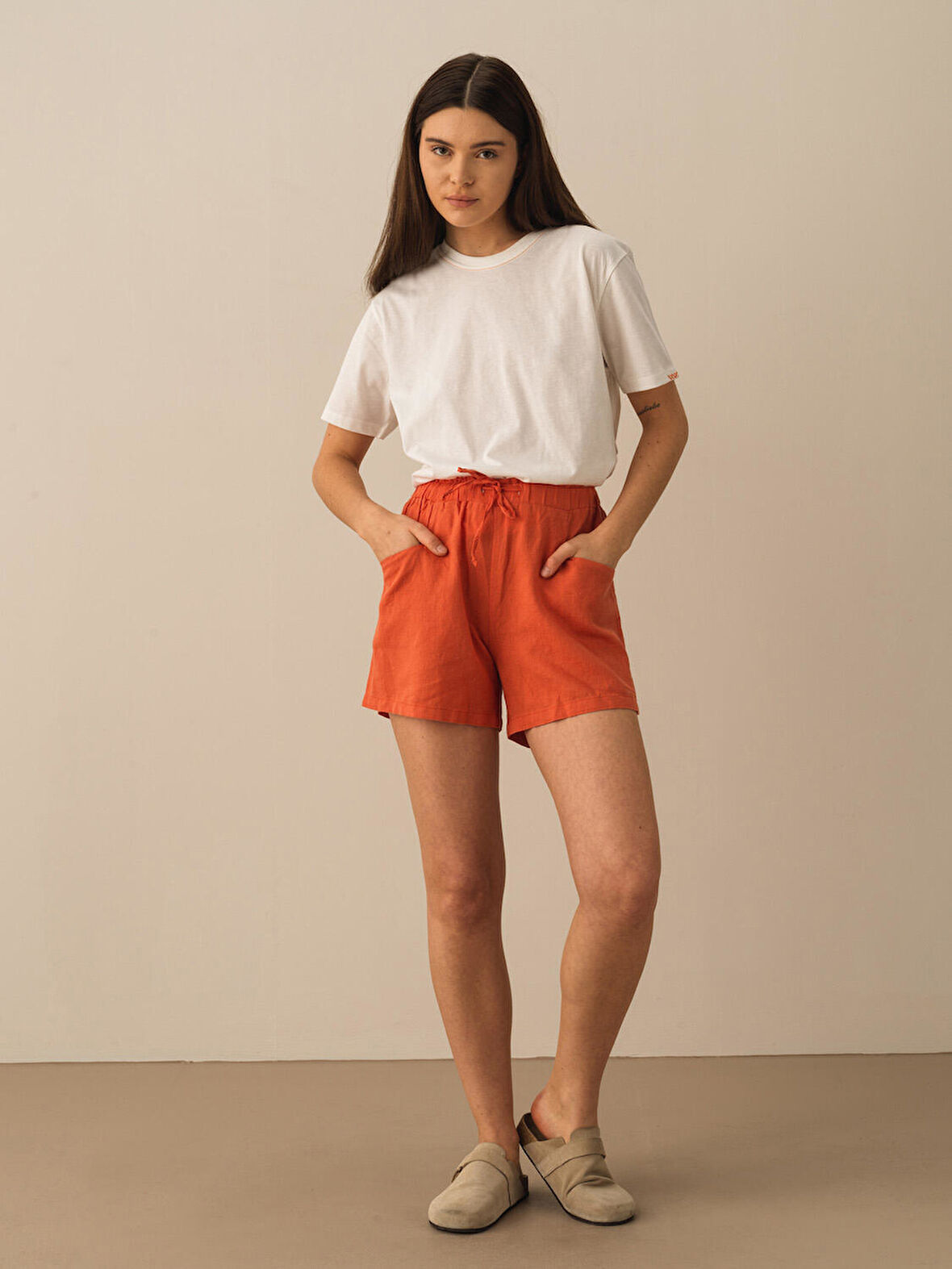 Kiremit Rengi Regular Fit Keten Şort
