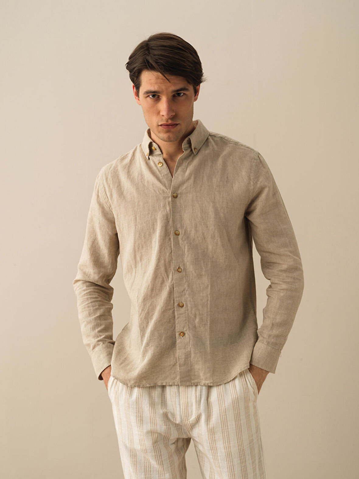 Taş Rengi Regular Fit Keten Gömlek