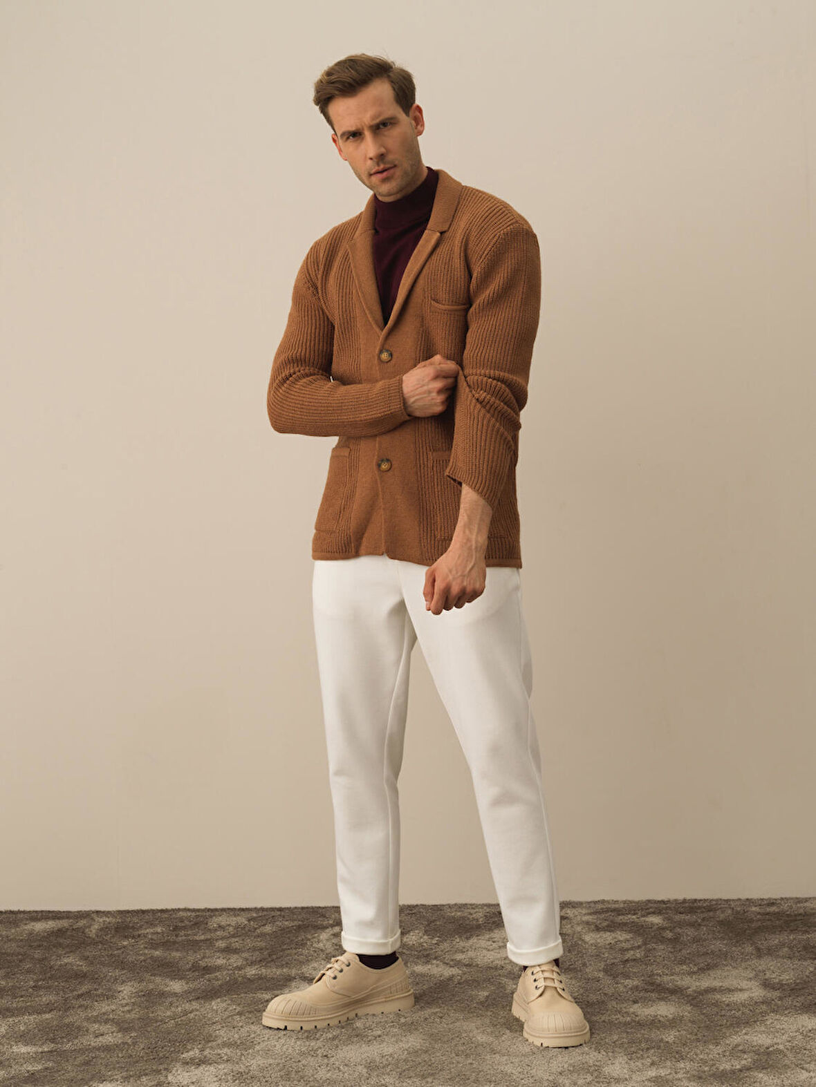 Xint Camel Doğal Yün Dokulu Regular Fit Triko Ceket