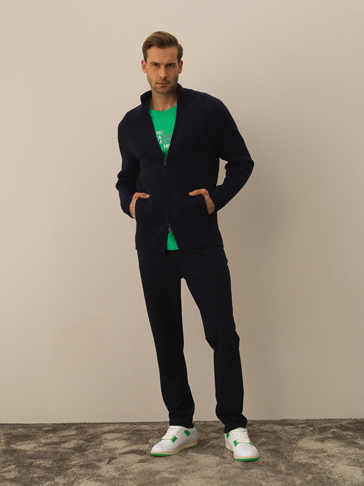 Xint Lacivert Doğal Yün Dokulu Regular Fit Hırka