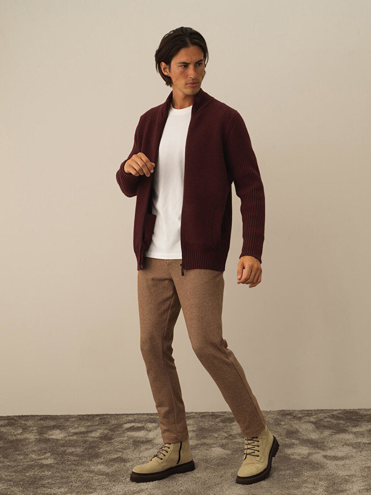 Xint Bordo Doğal Yün Dokulu Regular Fit Hırka
