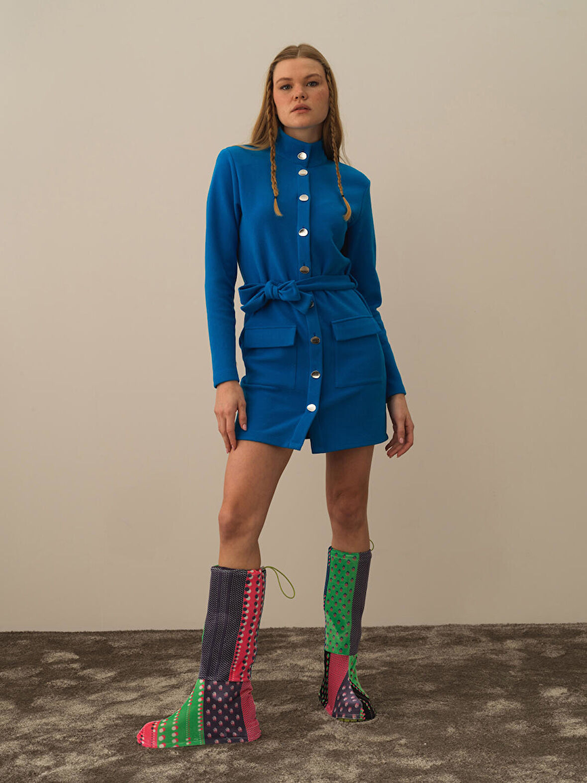 Xint Mavi Pamuk Dokulu Regular Fit Elbise