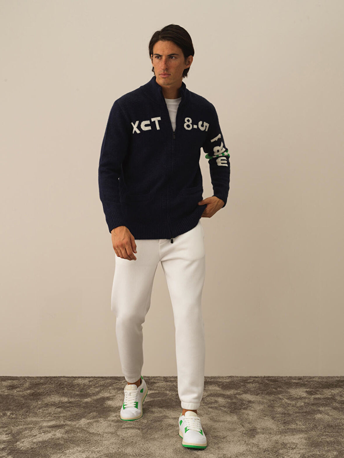 Xint Lacivert Doğal Yün Dokulu Regular Fit Hırka