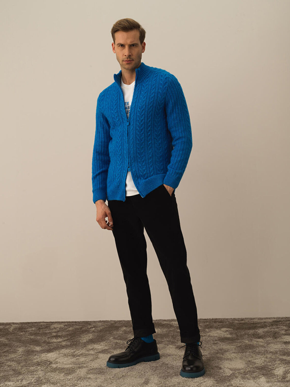 Xint Mavi Lüks Pamuk Dokulu Regular Fit Hırka