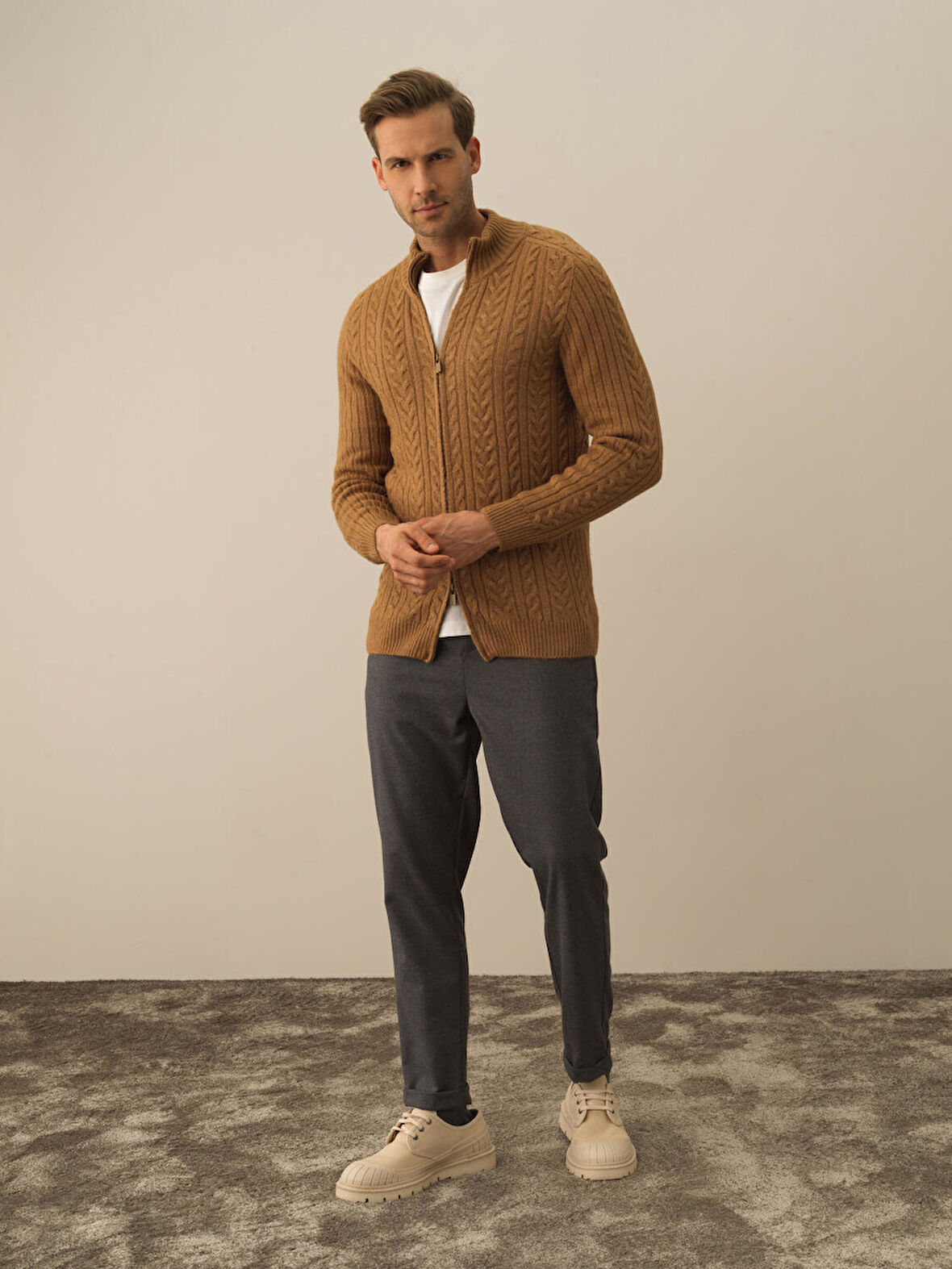 Xint Camel Lüks Pamuk Dokulu Regular Fit Hırka