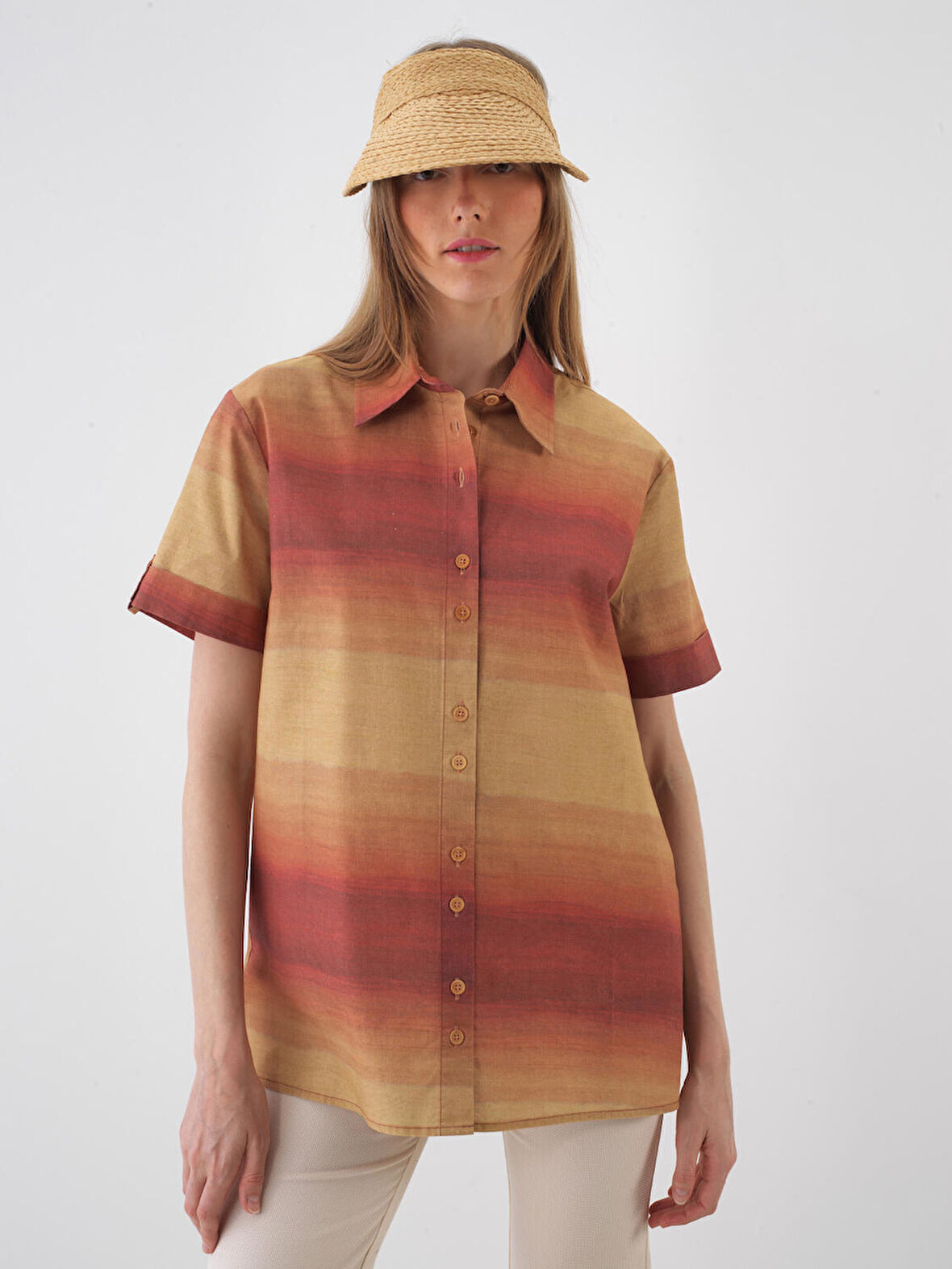 female Turuncu Oversize Keten Gömlek