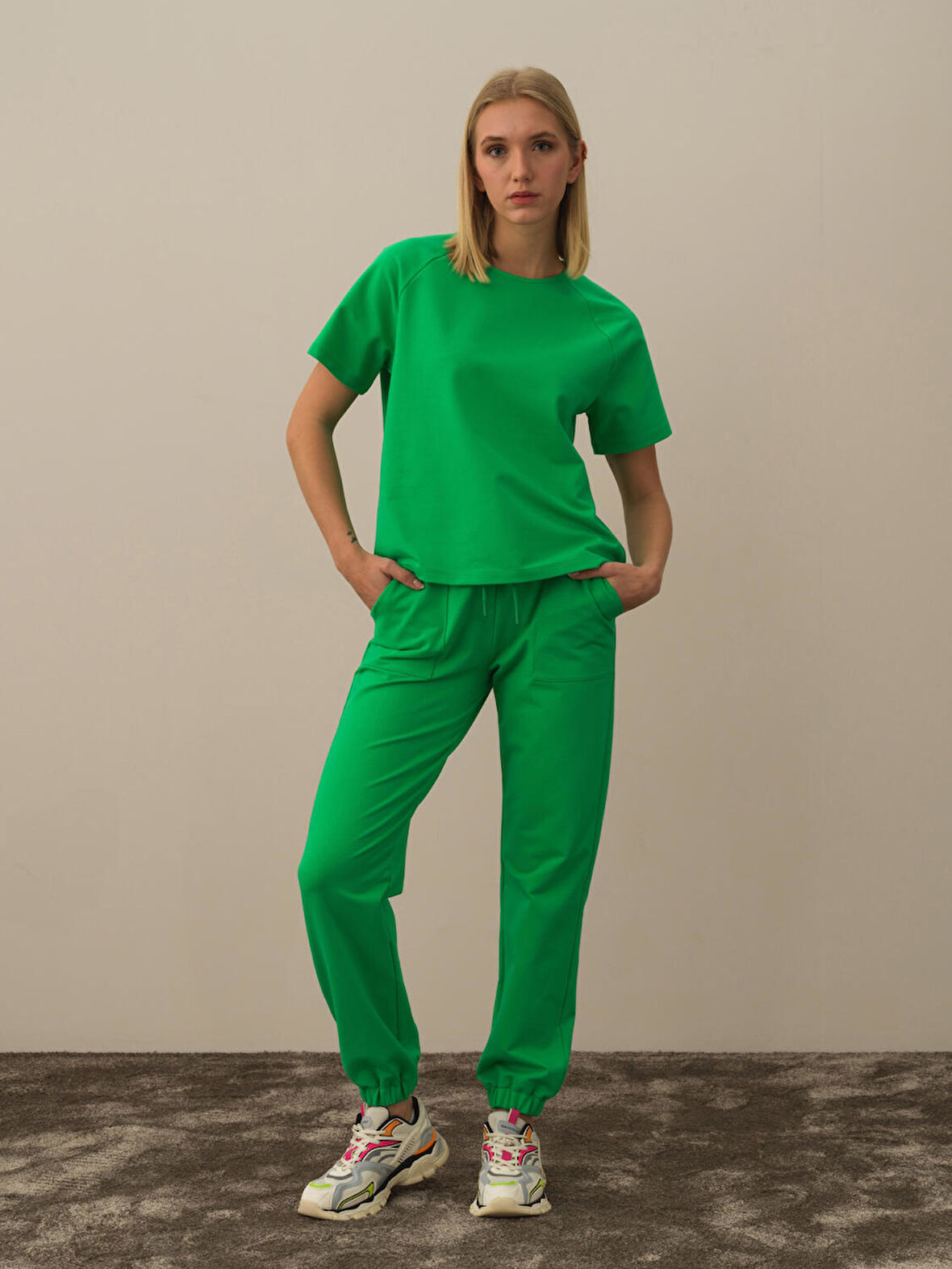 Xint Yeşil Pamuk Dokulu Oversize Tişört