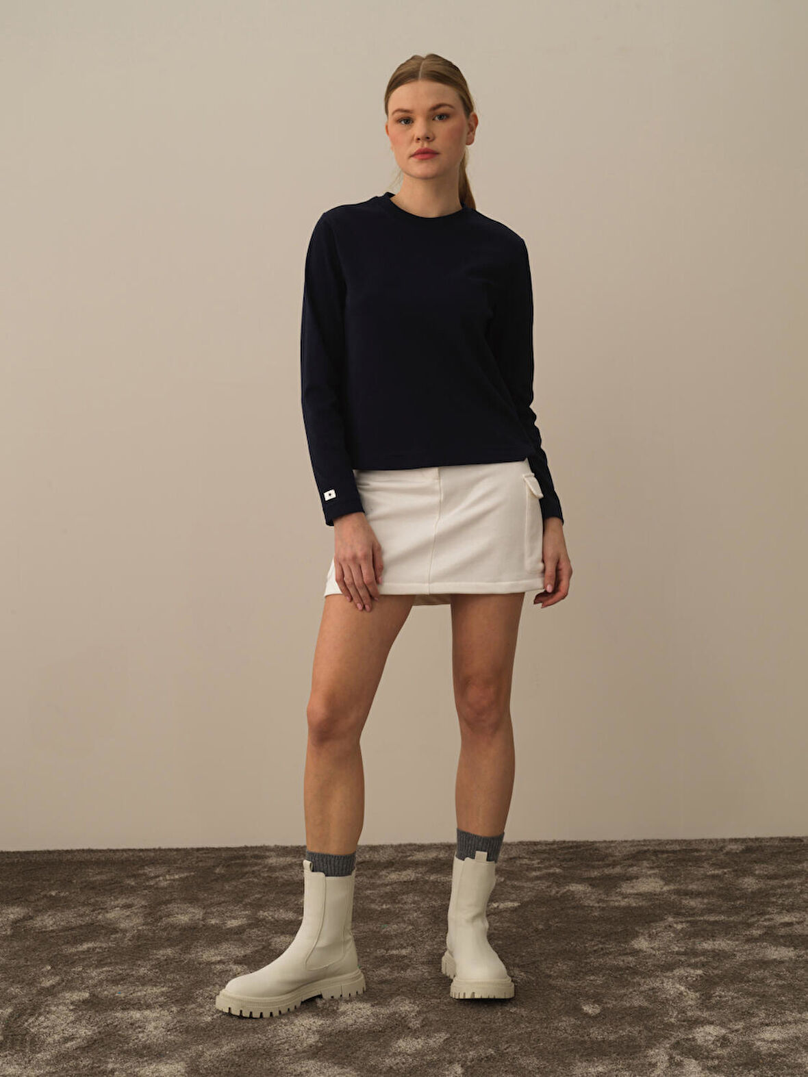 Xint Lacivert Pamuk Dokulu Regular Fit Uzun Kollu Tişört