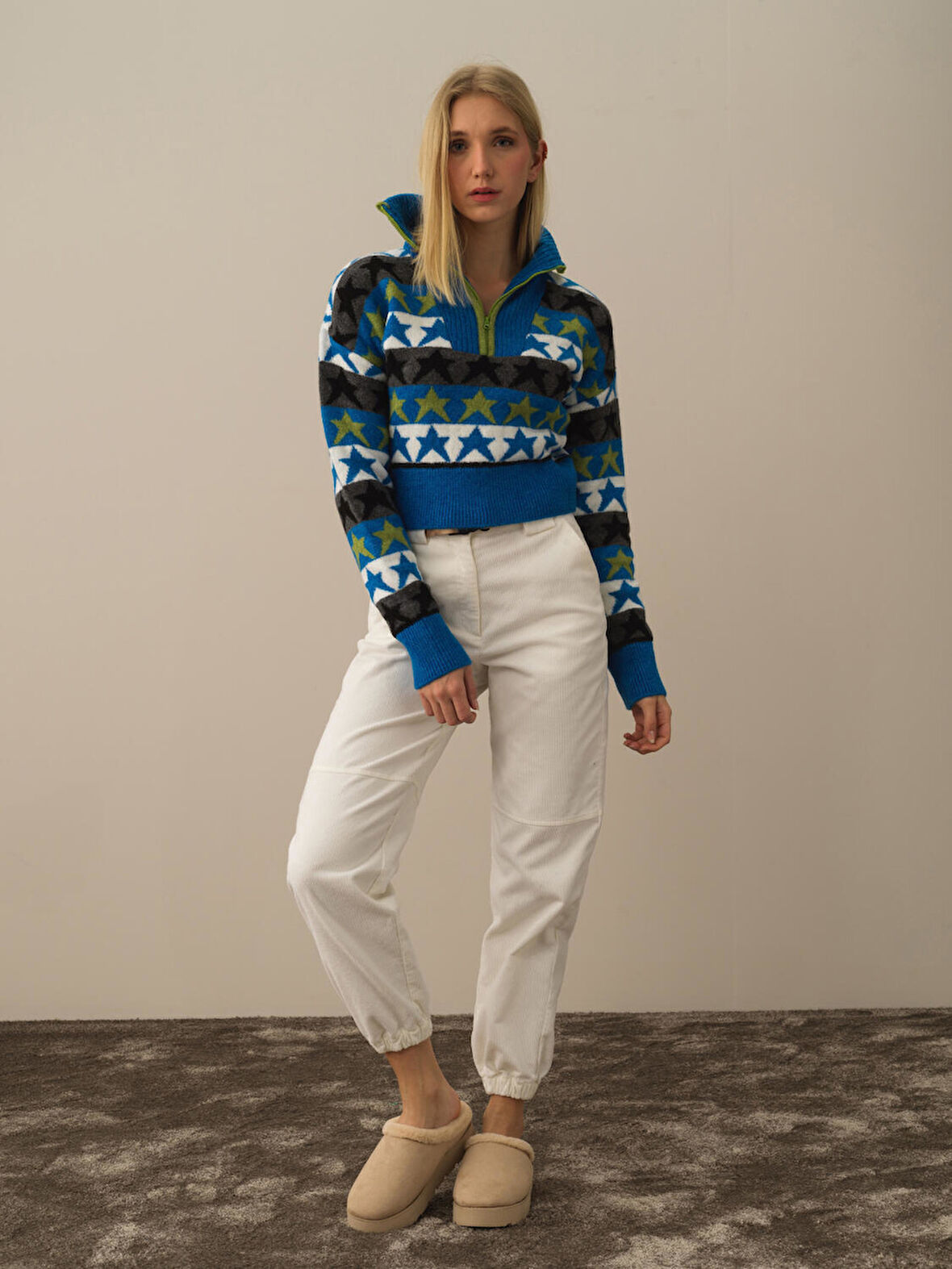 Xint Mavi Lüks Pamuk Dokulu Oversize Kazak