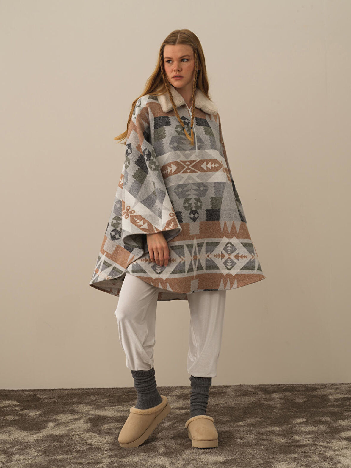 Xint Gri Pamuk Dokulu Oversize Panço