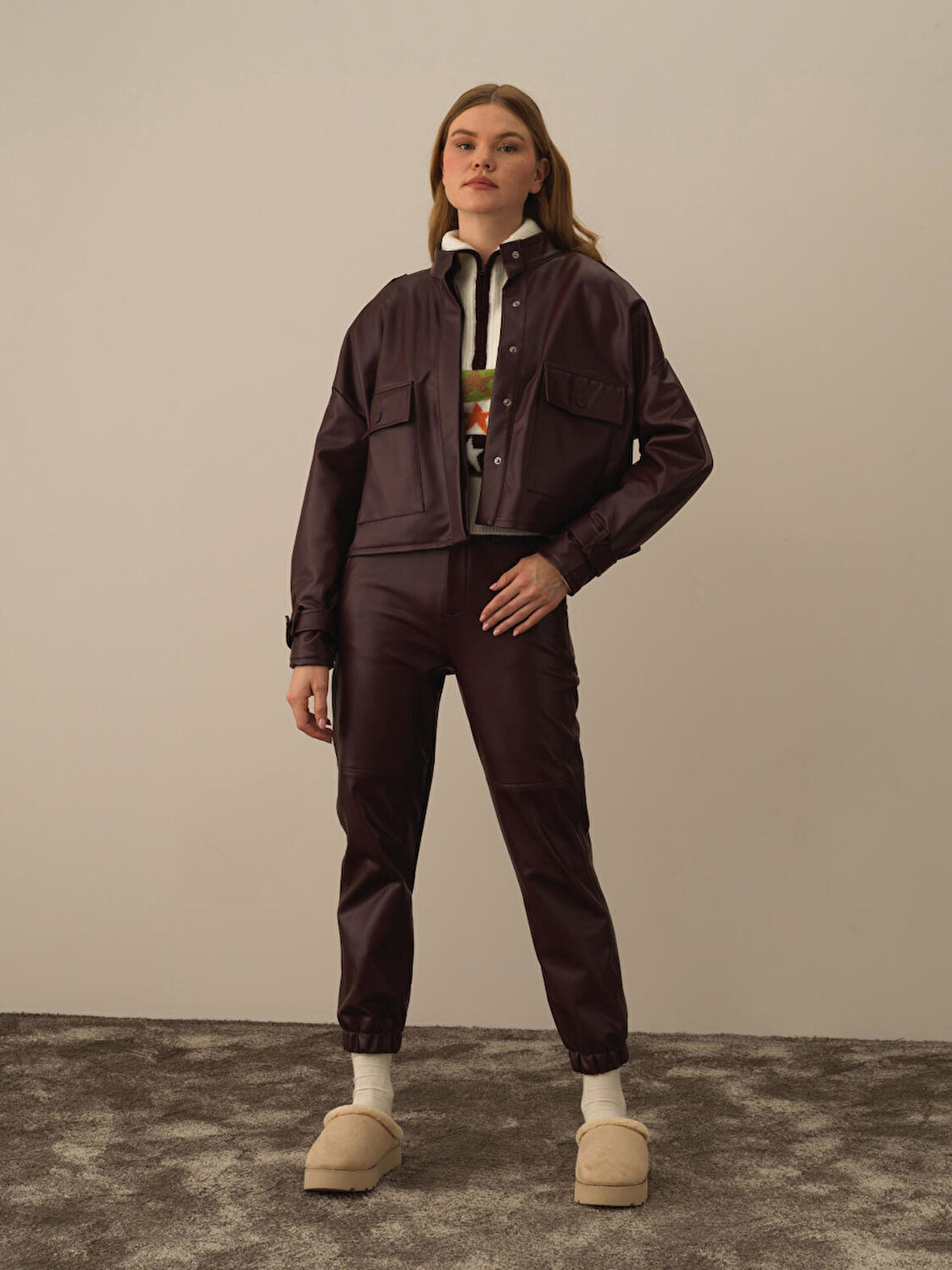 Xint Bordo Deri Görünümlü Oversize Ceket