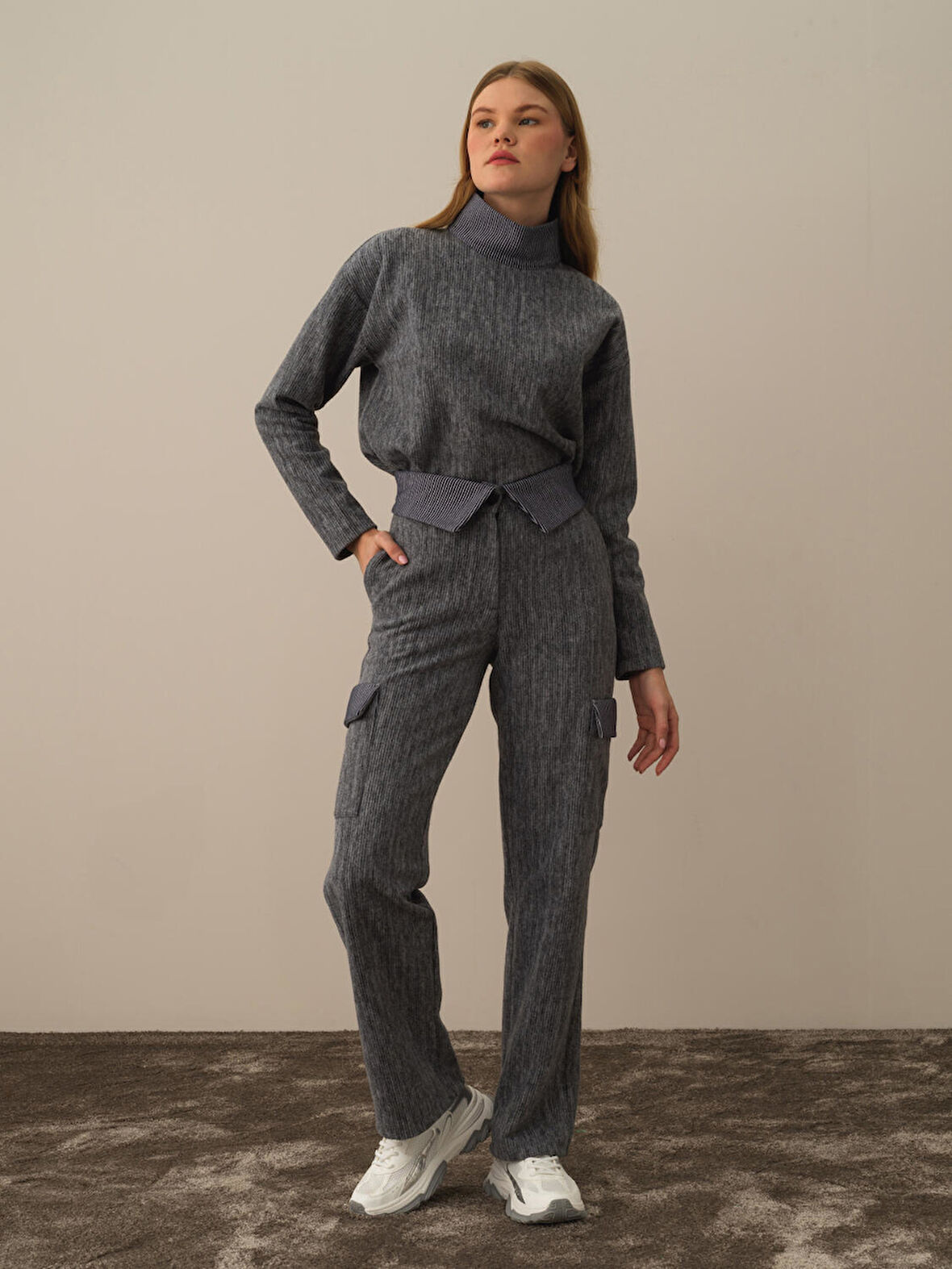 Xint Koyu Gri Pamuk Dokulu Oversize Kargo Pantolon