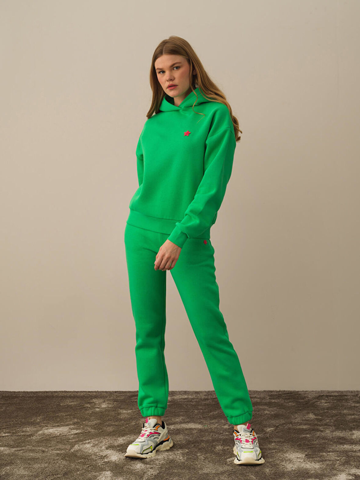 Xint Yeşil Pamuk Dokulu Oversize Sweatshirt