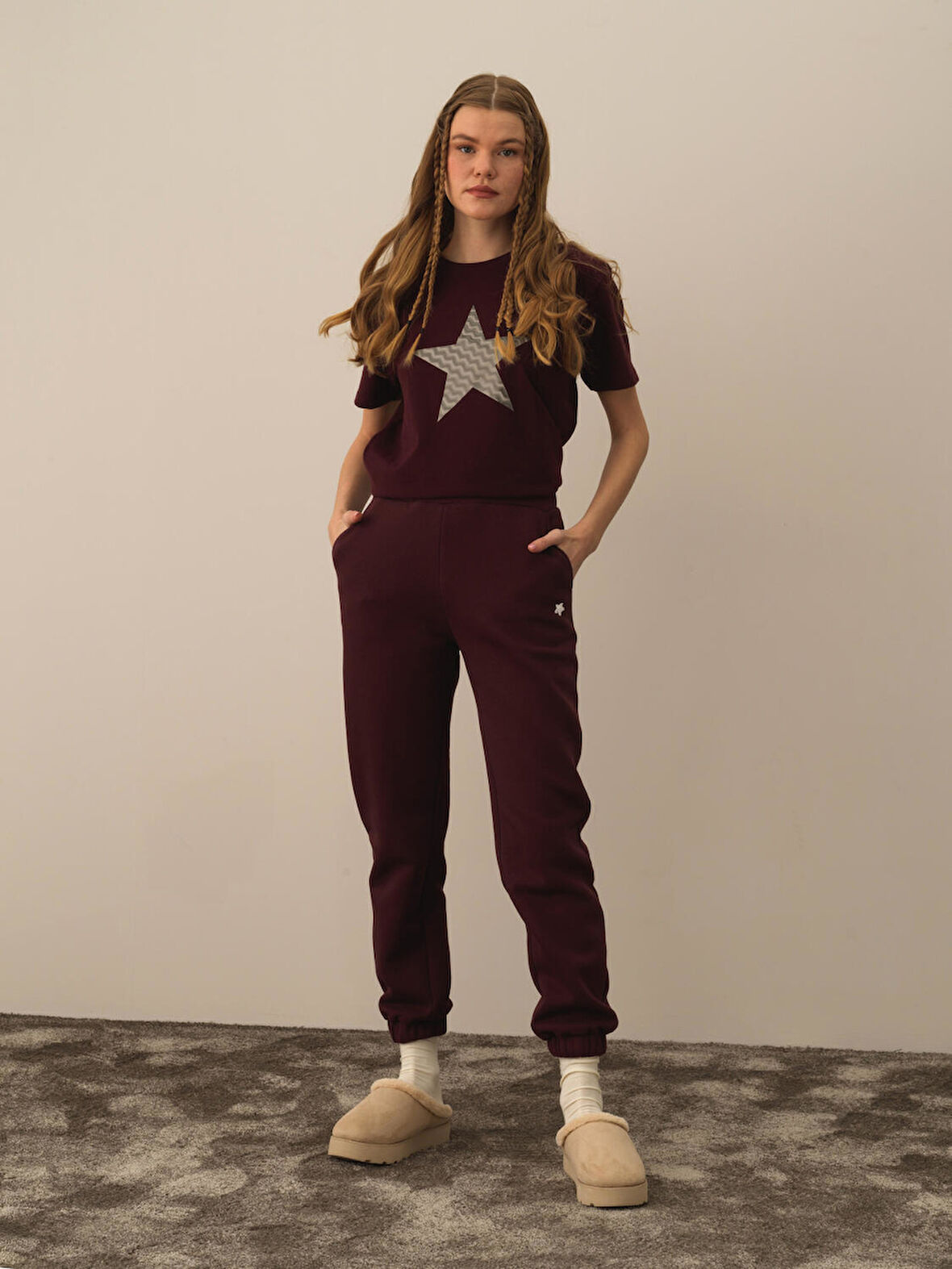 Xint Bordo Pamuk Dokulu Regular Fit Sweat Pantolon