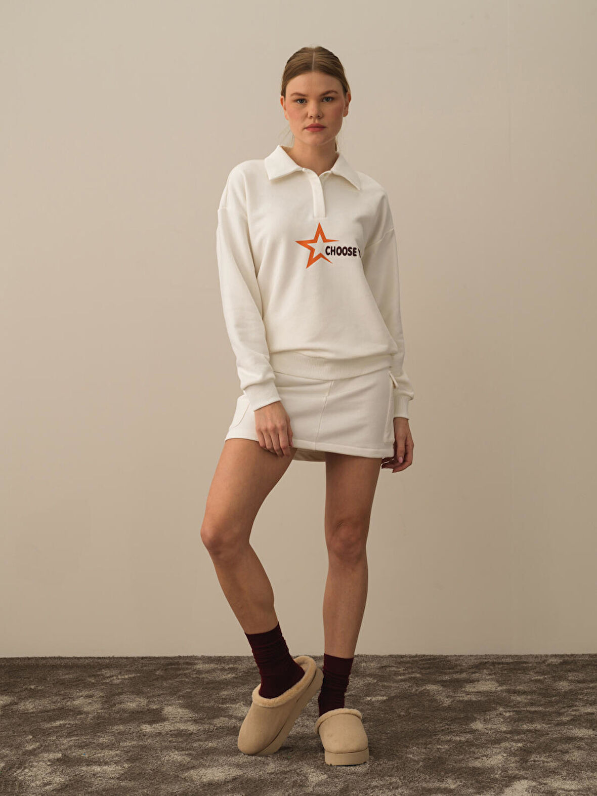 Xint Ekru Pamuk Dokulu Regular Fit Sweatshirt