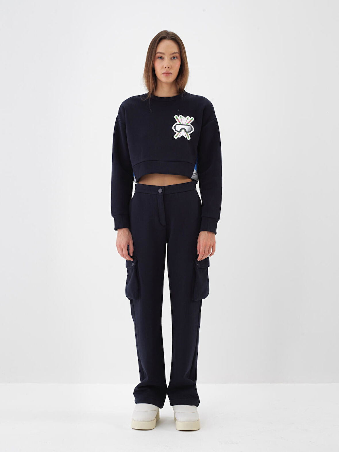 Xint Lacivert Pamuk Dokulu Oversize Sweatshirt