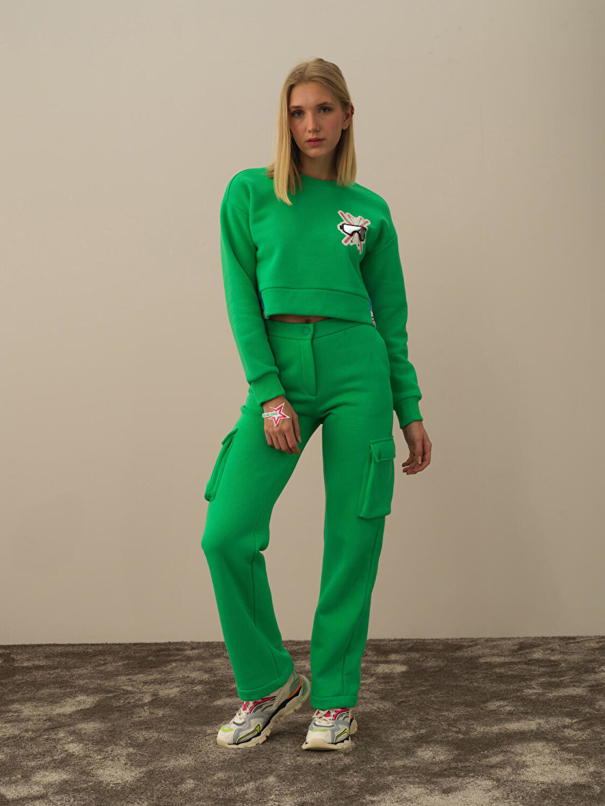 Xint Yeşil Pamuk Dokulu Oversize Sweatshirt