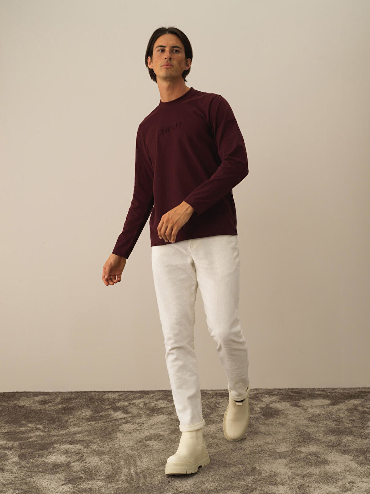 Xint Bordo Pamuk Dokulu Regular Fit Uzun Kollu Tişört