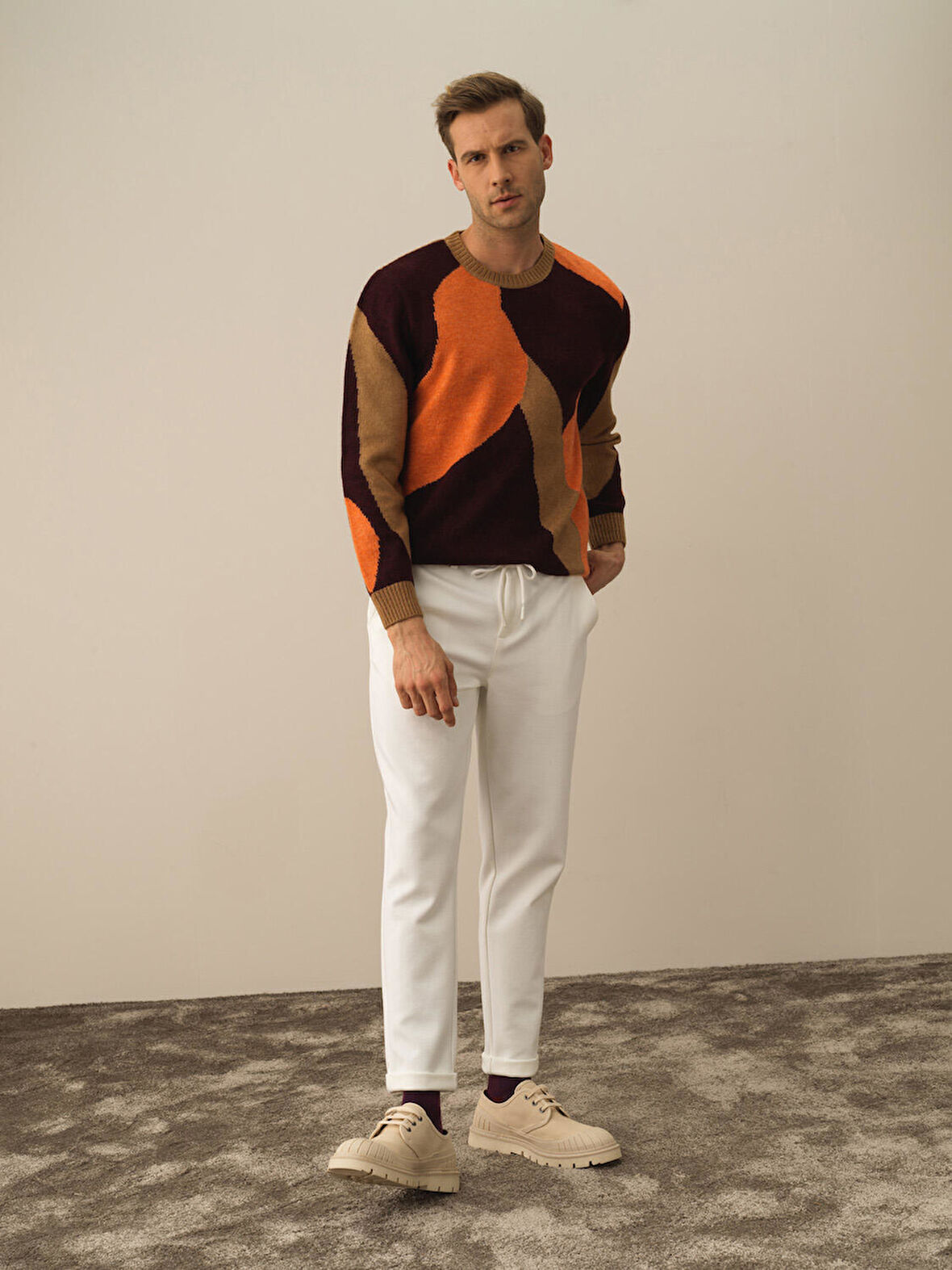 Xint Ekru Pamuk Dokulu Slim Fit Jogger Pantolon