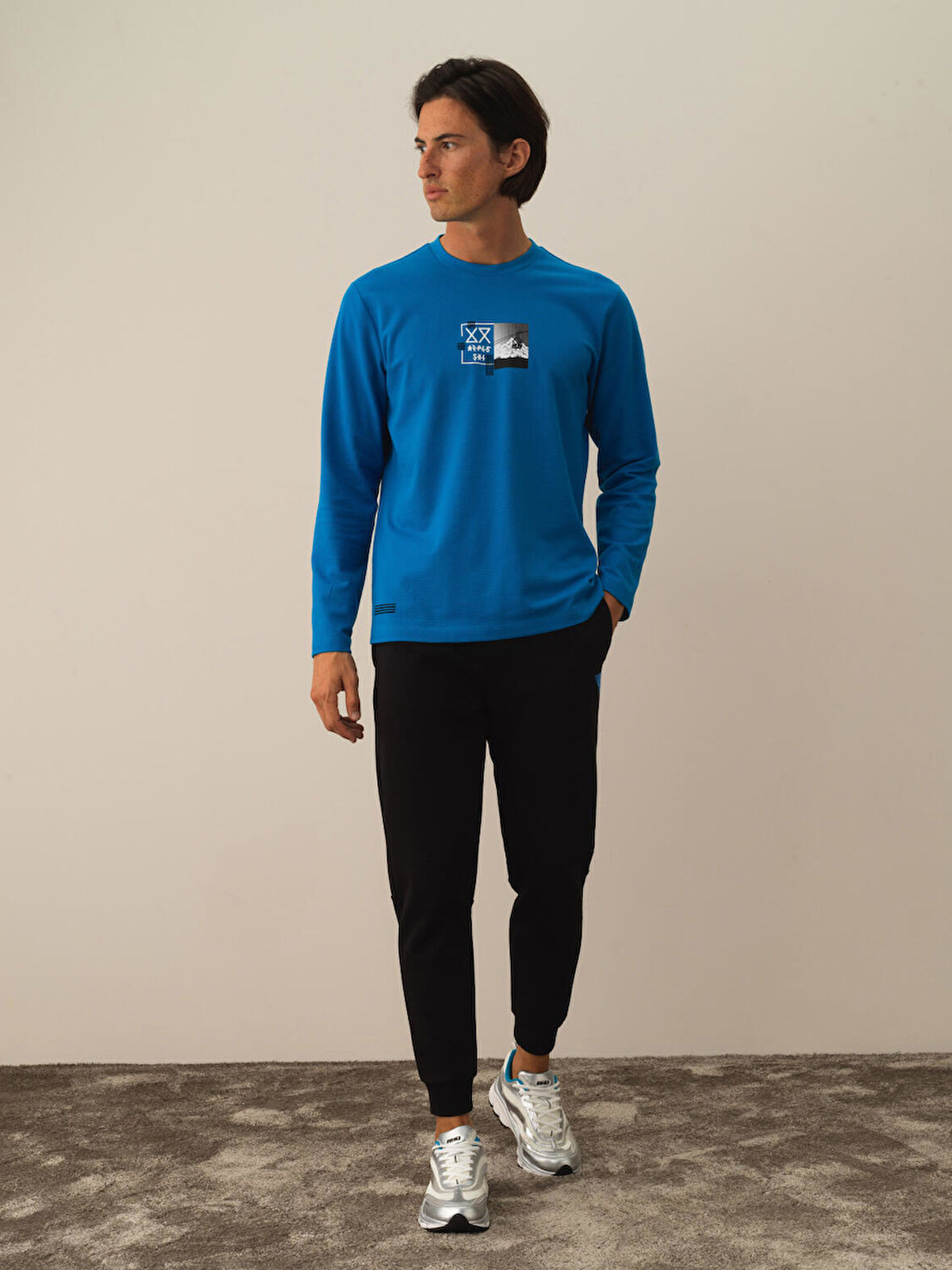 Xint Mavi Pamuk Dokulu Regular Fit Uzun Kollu Tişört