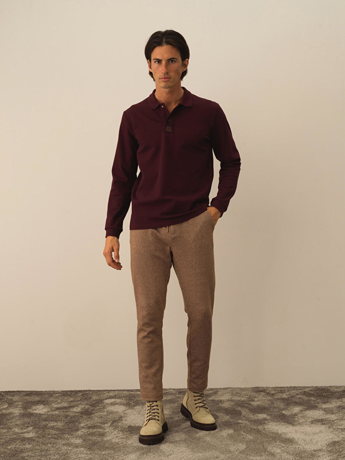 Xint Bordo Pamuk Dokulu Slim Fit Uzun Kollu Tişört