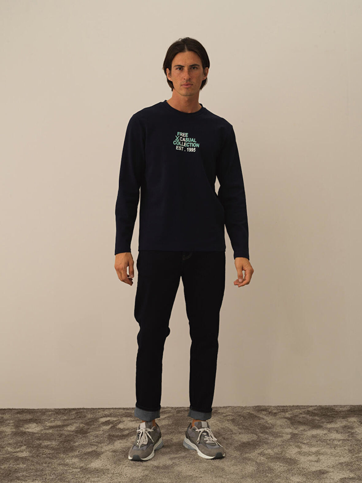 Xint Lacivert Pamuk Dokulu Regular Fit Uzun Kollu Tişört