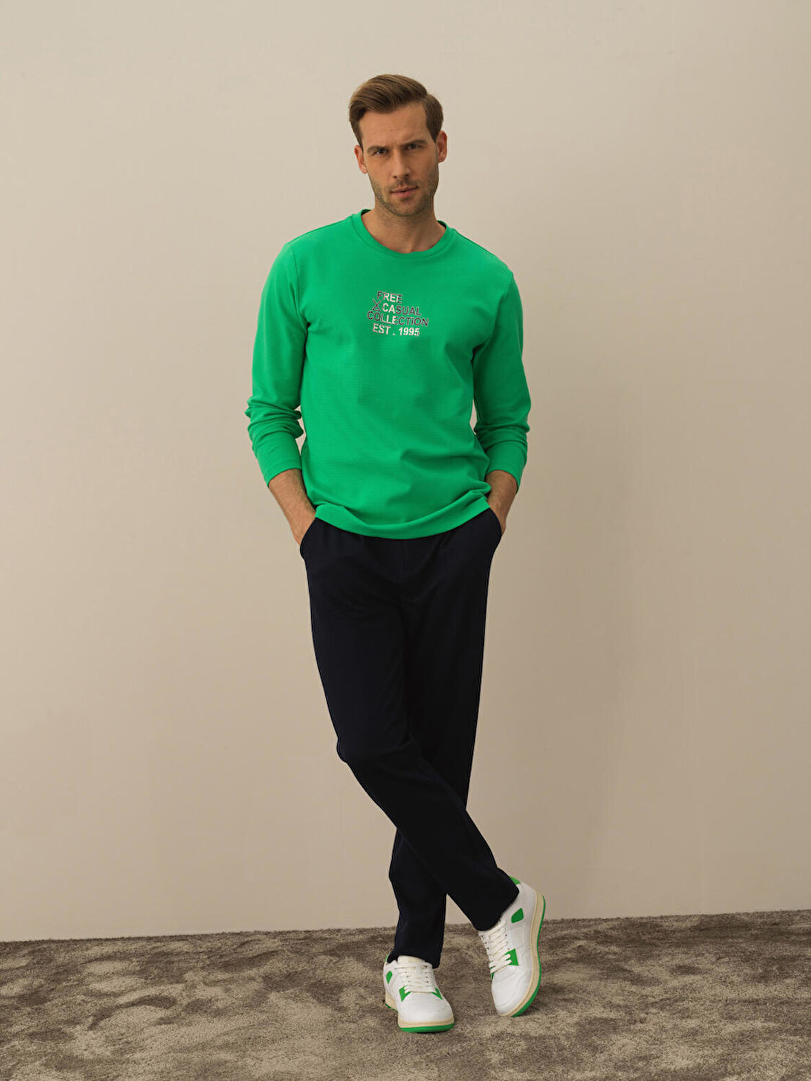 Xint Yeşil Pamuk Dokulu Regular Fit Uzun Kollu Tişört