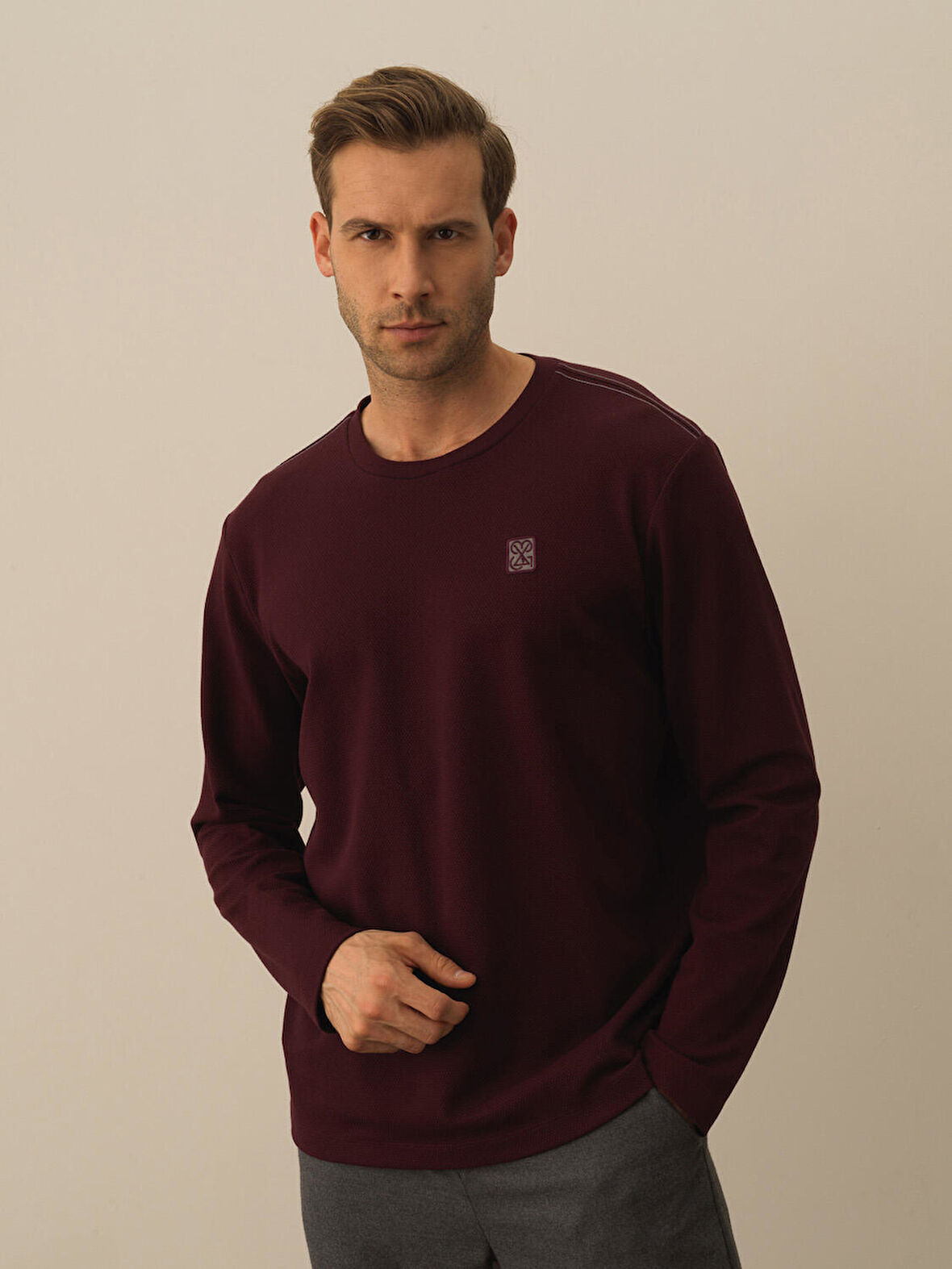 Xint Bordo Pamuk Dokulu Regular Fit Uzun Kollu Tişört